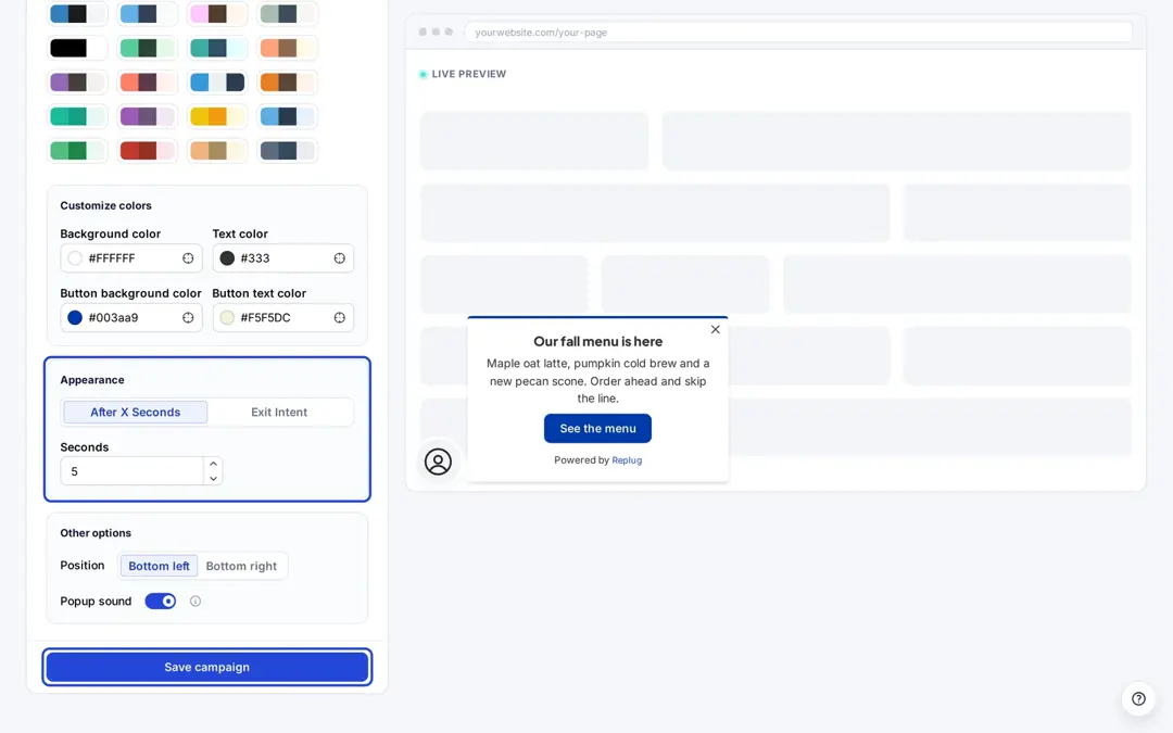 Replug Customization step with CTA colors, the Appearance timing options and the Save campaign button highlighted