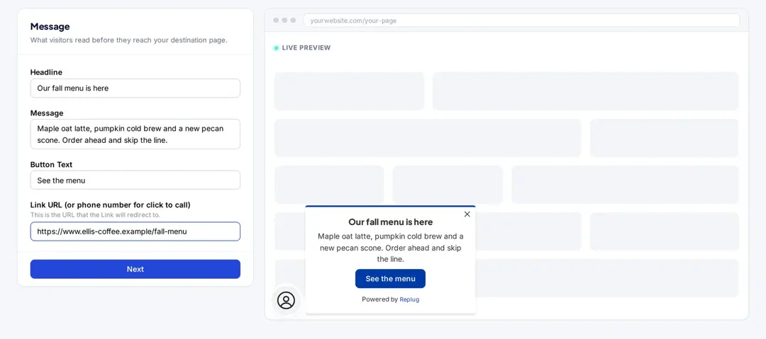 Replug Message step with a fall menu headline, message, See the menu button text and link URL, next to the live CTA preview