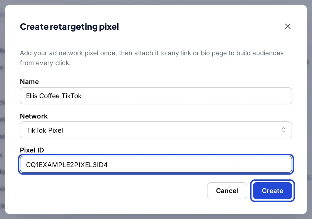 Replug Create retargeting pixel window with the TikTok Pixel network and a TikTok pixel ID entered