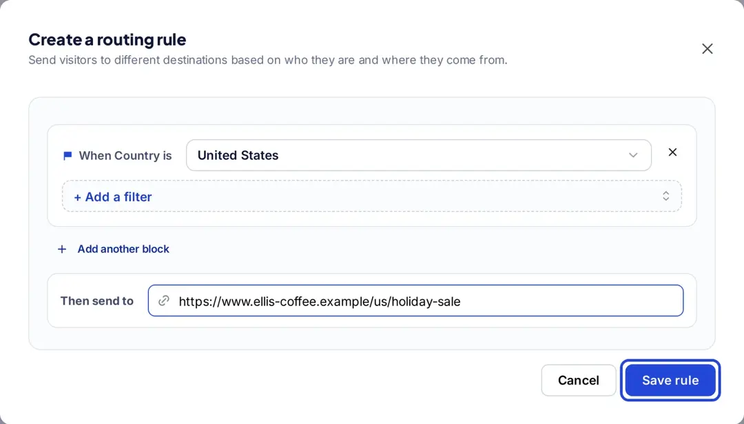 Replug Create a routing rule dialog sending visitors from the United States to a separate holiday sale page