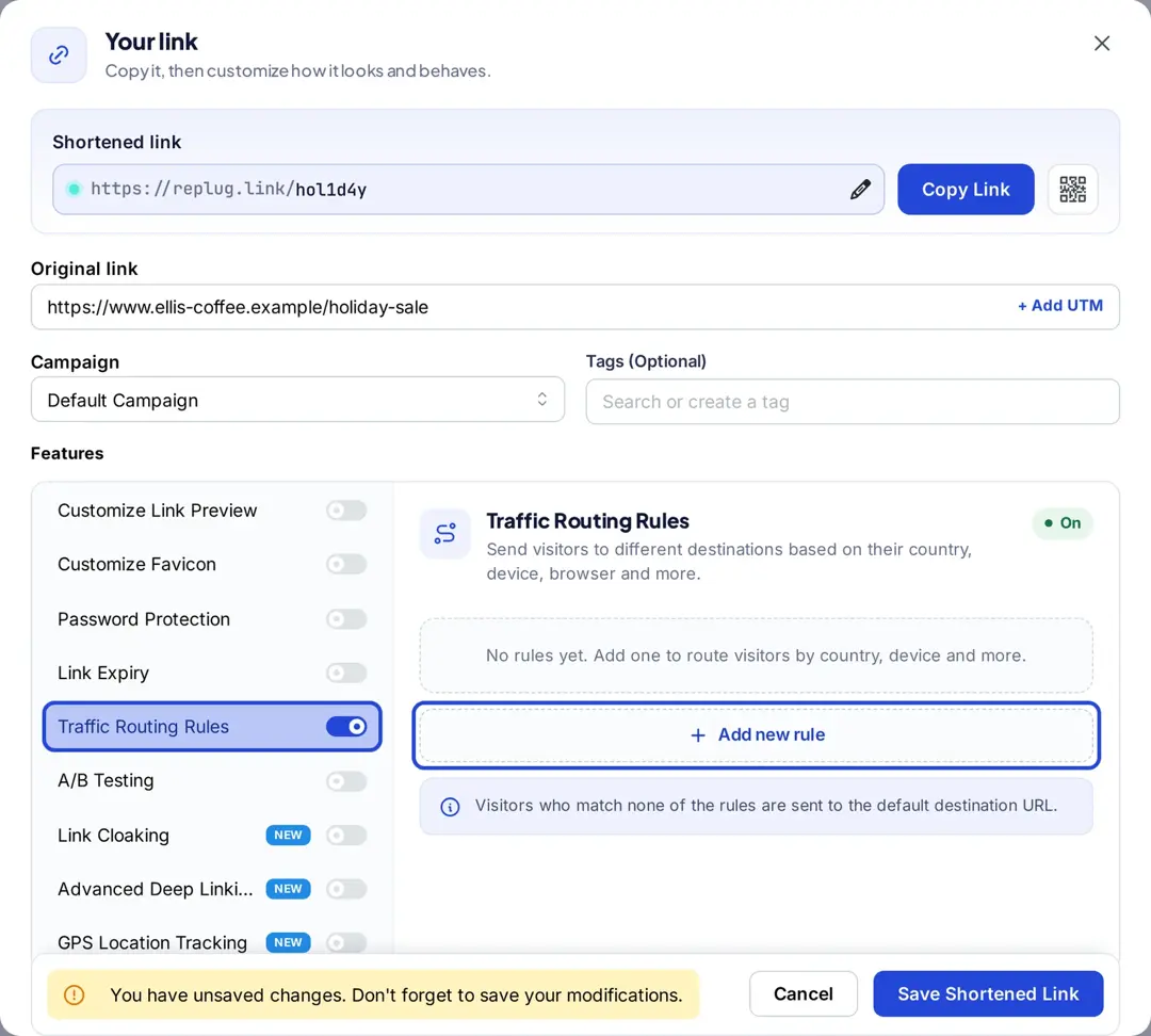 Replug Your link window with Traffic Routing Rules turned on and the Add new rule button highlighted