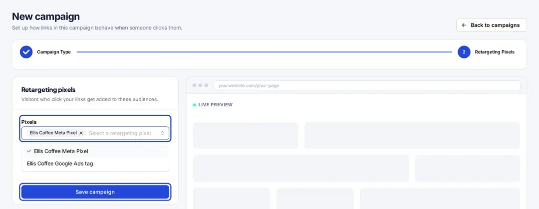 Replug campaign Retargeting Pixels step with a Meta pixel selected and the Save campaign button highlighted