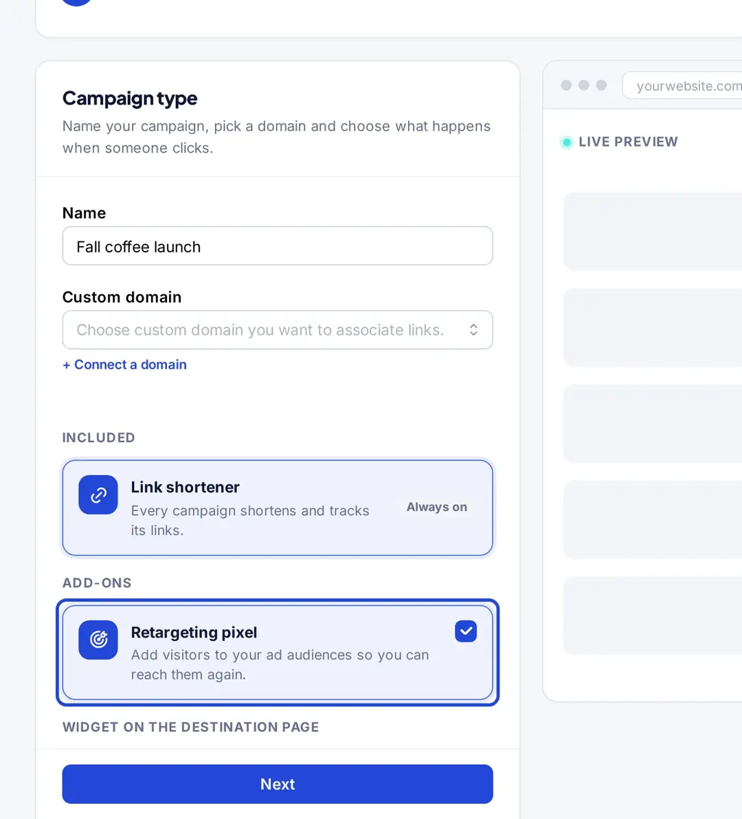 Replug New campaign form with a campaign name and the Retargeting pixel add-on selected