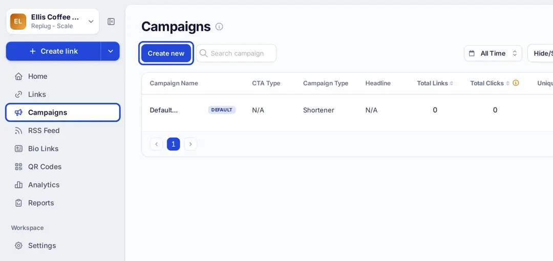 Replug Campaigns page with Campaigns selected in the menu and the Create new button highlighted