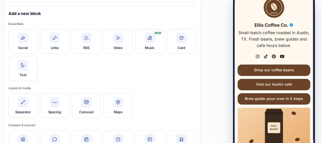 Add a new block panel in the Replug bio link builder with Social, Links, RSS, Video, Music, Card, Text and more