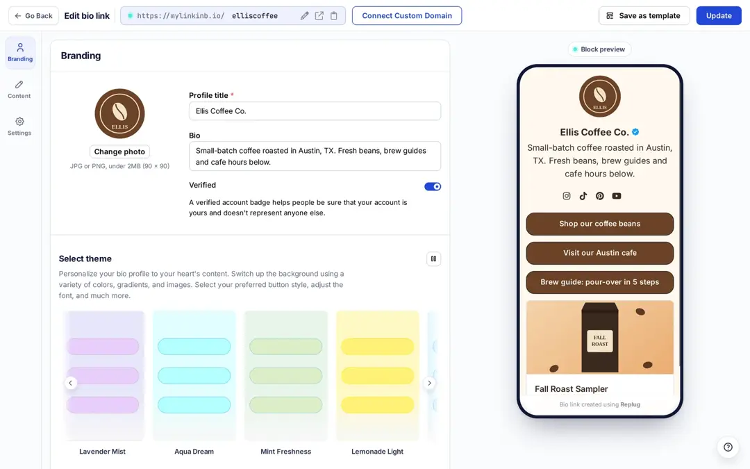 Replug bio link builder on the Branding tab with profile title, bio, verified badge, themes and a live mobile preview