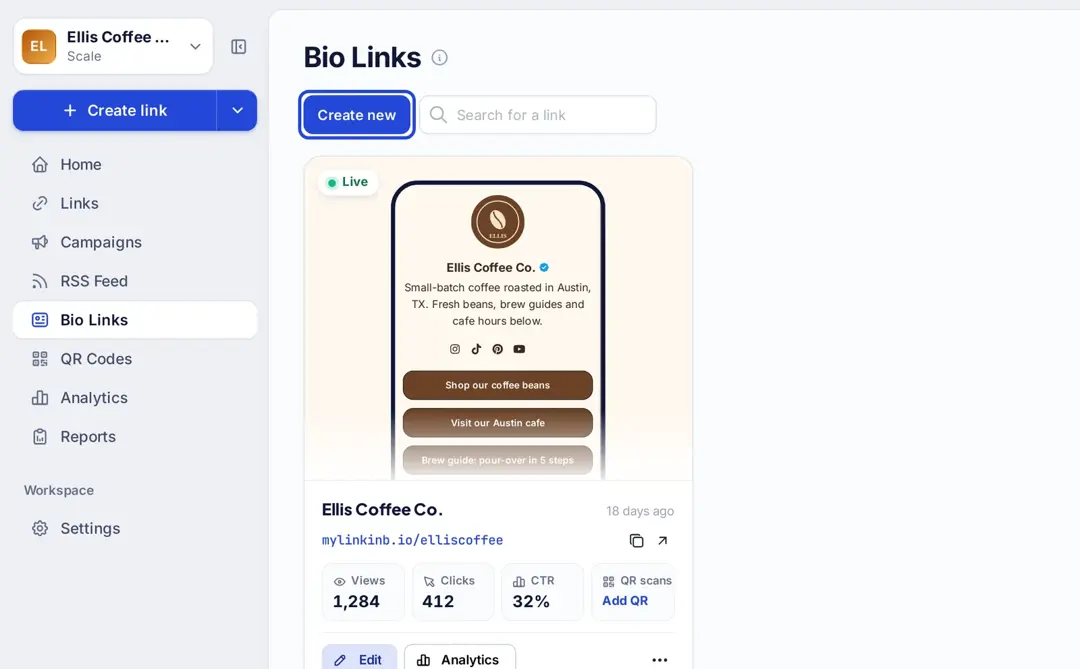 Bio Links page in Replug with the Create new button highlighted