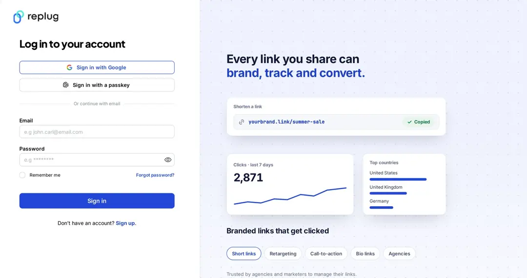 Replug login page with Google, passkey and email sign-in