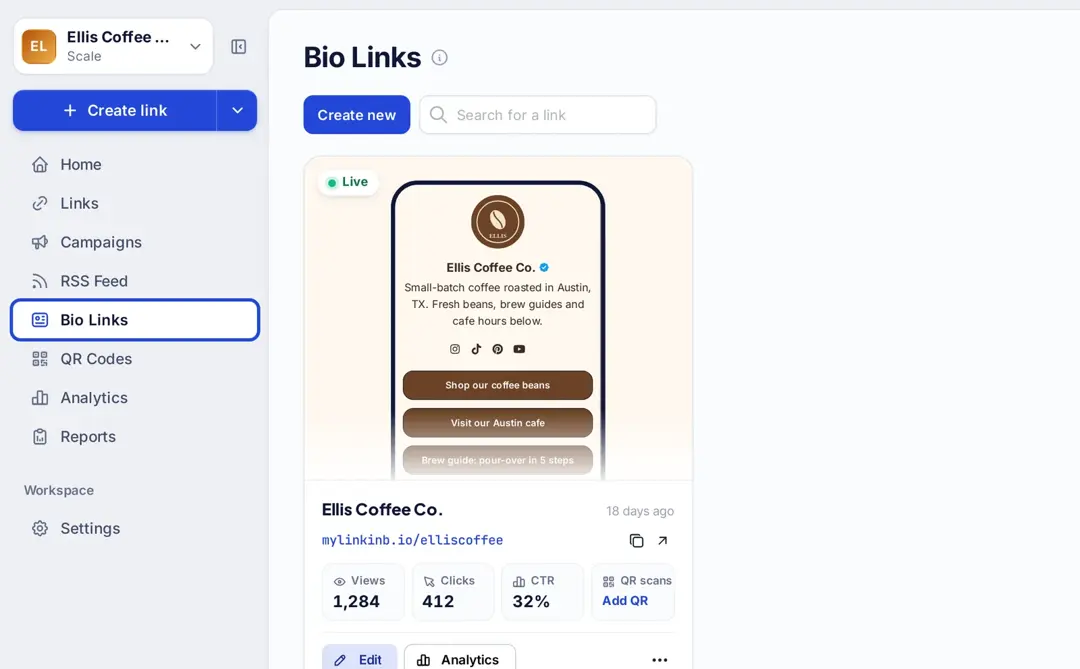 Replug dashboard with Bio Links highlighted in the left sidebar