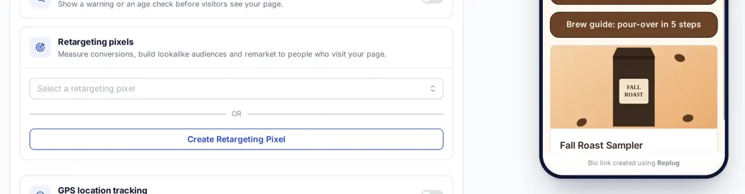 Retargeting pixels section in Replug bio link settings with Select a retargeting pixel and Create Retargeting Pixel