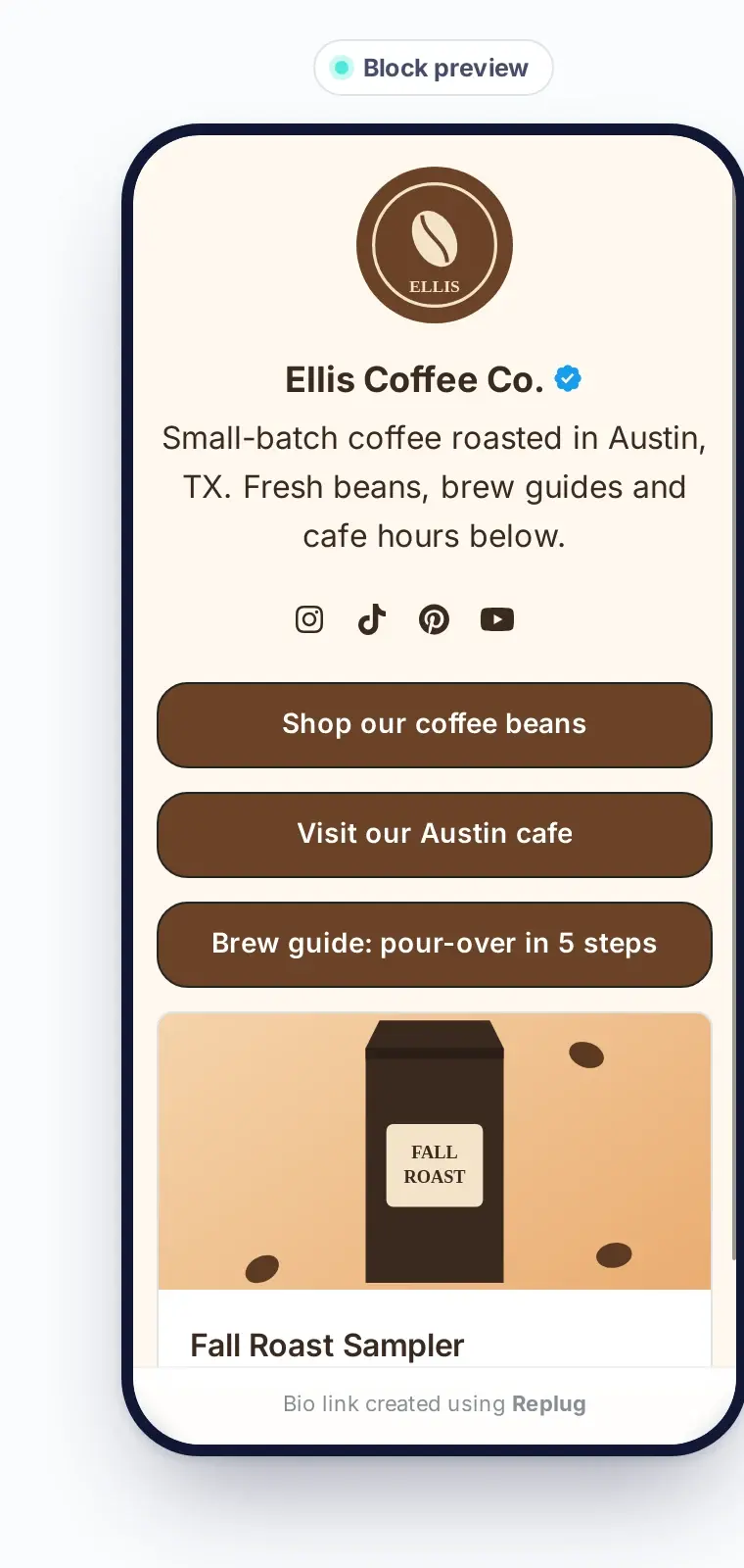 Mobile preview of a finished bio link page with social icons, link buttons and a card block