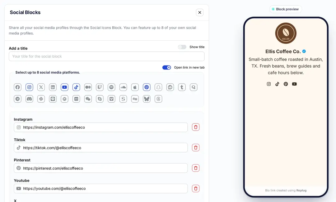 Social block settings in Replug with up to 8 platforms and a profile URL for each one