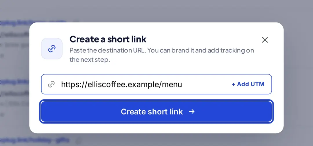 Create a short link box in Replug with a website URL pasted and Create short link highlighted