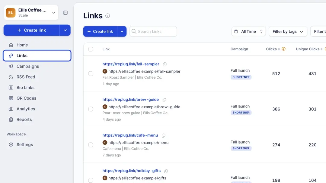 Replug Links page with Links highlighted in the left sidebar and a list of short links