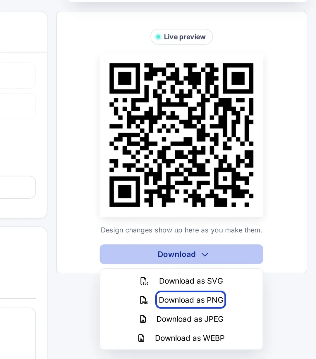 Replug QR code preview with the Download menu open showing SVG, PNG, JPEG and WEBP