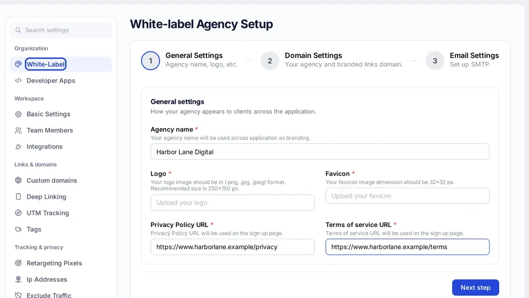 Replug White-label Agency Setup with General Settings for agency name, logo, favicon, privacy policy and terms URLs
