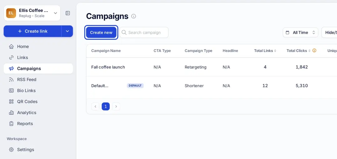 Replug Campaigns page with the Create new button highlighted