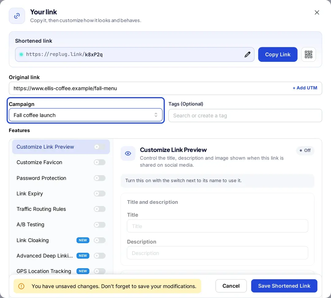 Replug Your link window with the retargeting campaign selected in the Campaign field