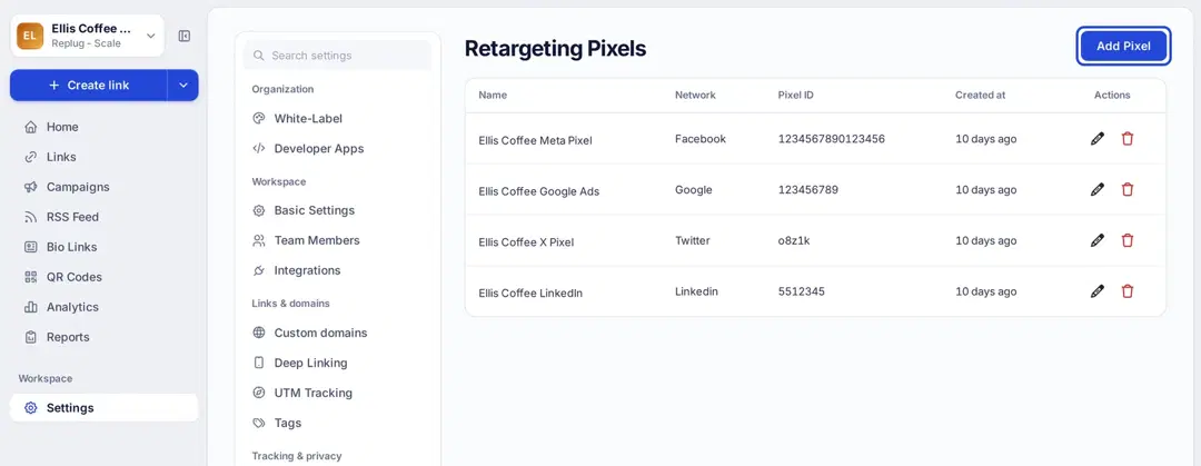 Replug Settings, Retargeting Pixels page listing Meta, Google, X (Twitter) and LinkedIn pixels with the Add Pixel button