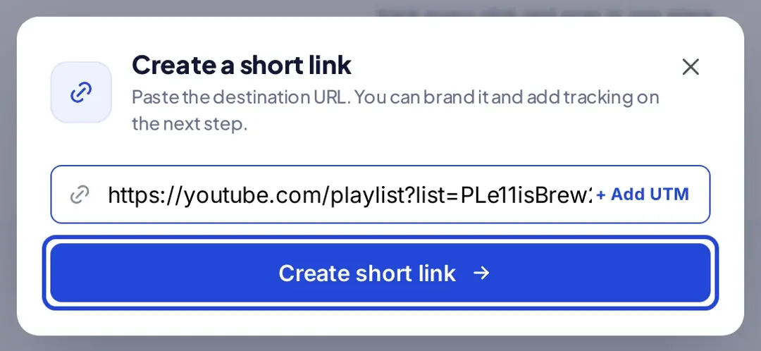 Pasting a YouTube playlist link into the Replug Create a short link window with the Create short link button highlighted