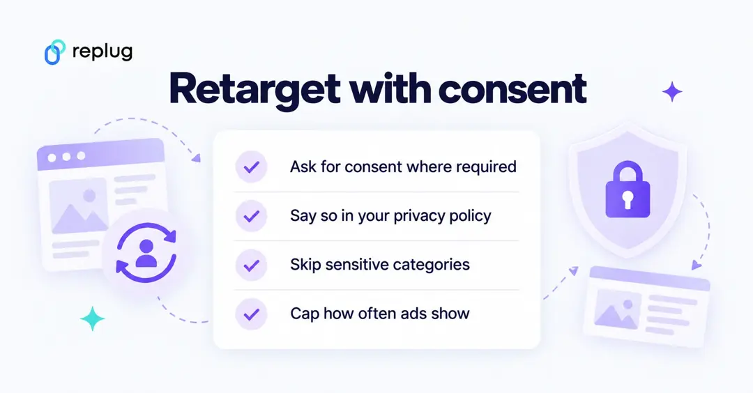 Retarget with consent: ask for consent where required, say so in your privacy policy, skip sensitive categories and cap how often ads show