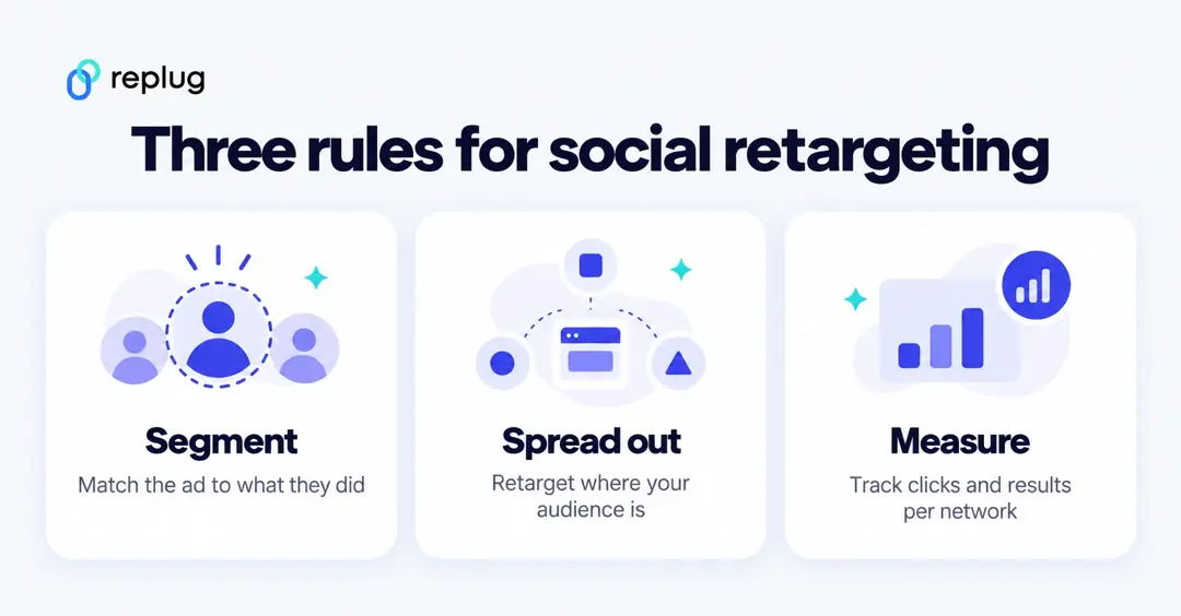 Three rules for social retargeting: segment by what people did, retarget on the networks your audience uses, measure clicks and results per network
