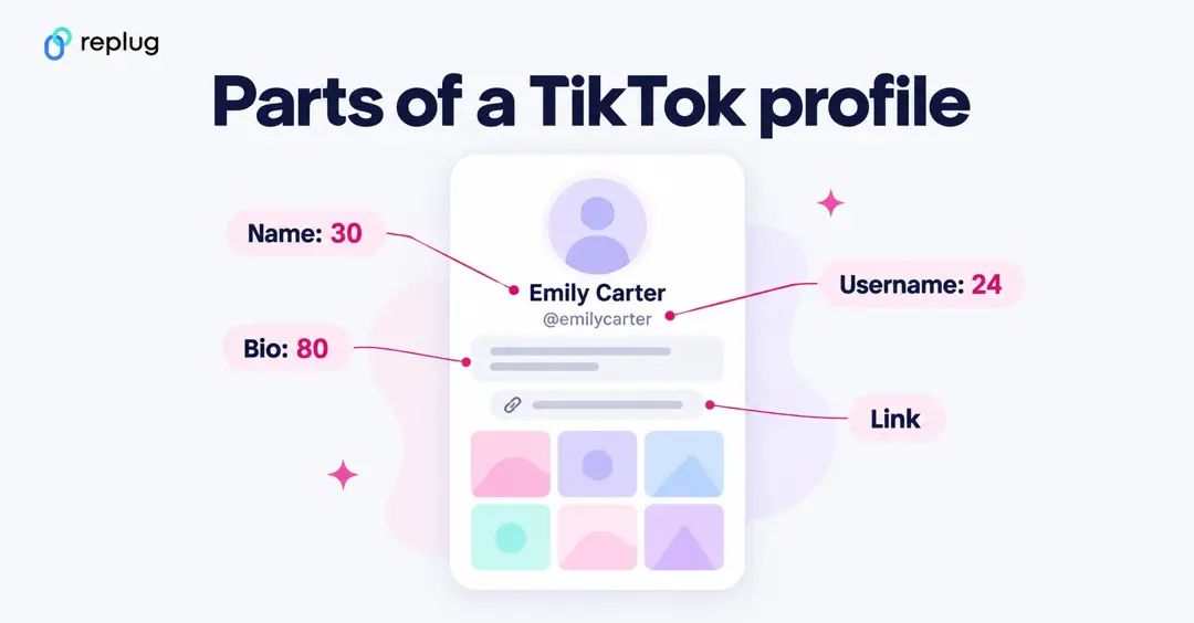 Parts of a TikTok profile: name up to 30 characters, username up to 24, bio up to 80 and one profile link