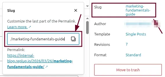 Editing the slug in the WordPress Slug popover to marketing-fundamentals-guide, author name blurred