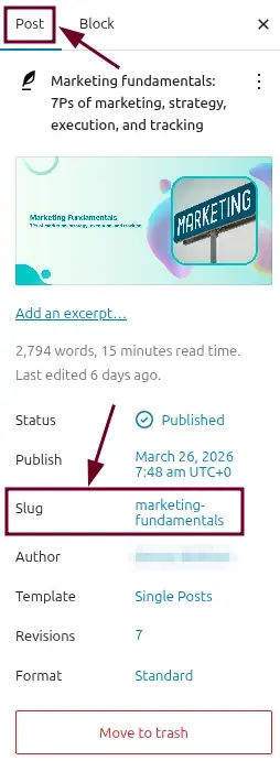 WordPress post settings panel with the Slug field highlighted under the Post tab, author name blurred