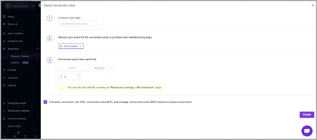 Usermaven Create Conversion Goal form with goal name, event and conversion value steps, account name blurred