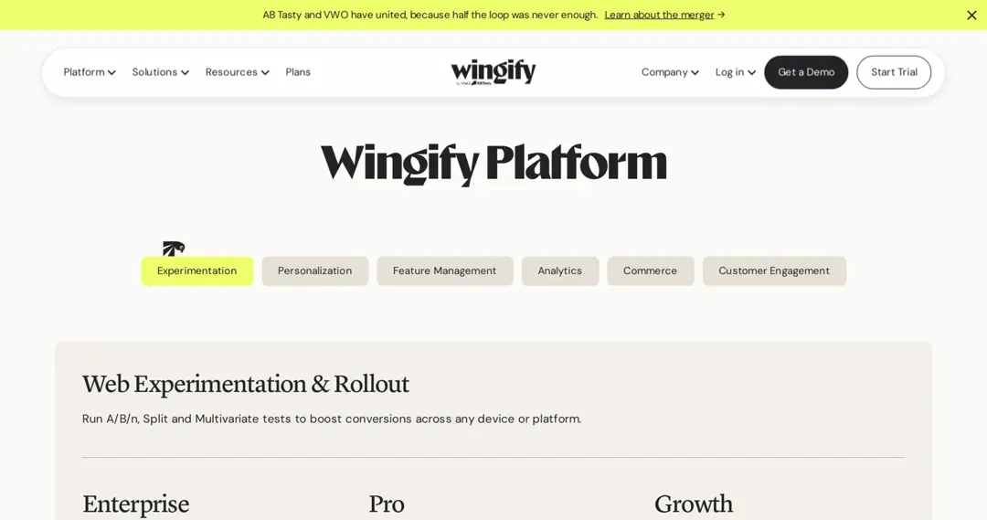 Wingify platform page for VWO web experimentation plans (checked October 2026)