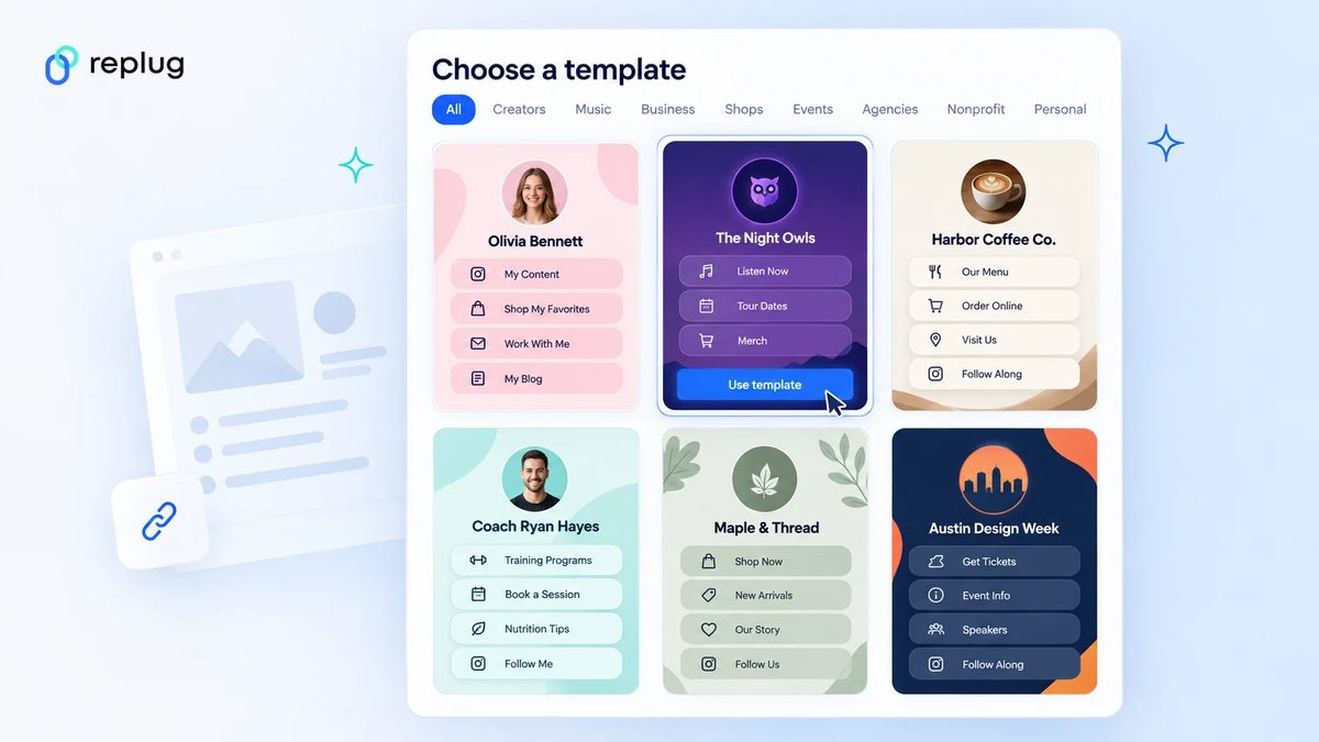 The Bio Link template gallery with creator, music, coffee shop and event pages