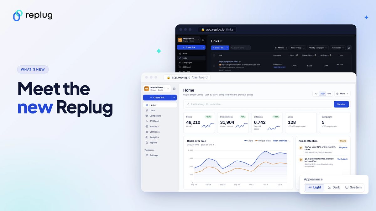 The new Replug dashboard in light and dark mode