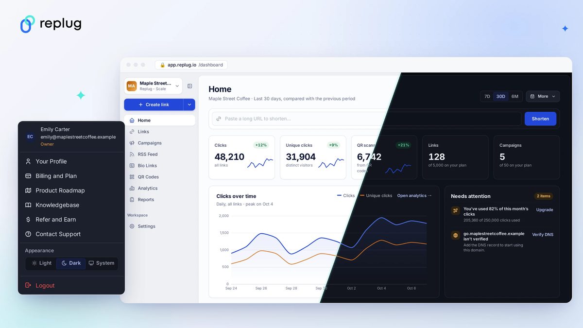 The new Replug Home page, half in light mode and half in dark mode