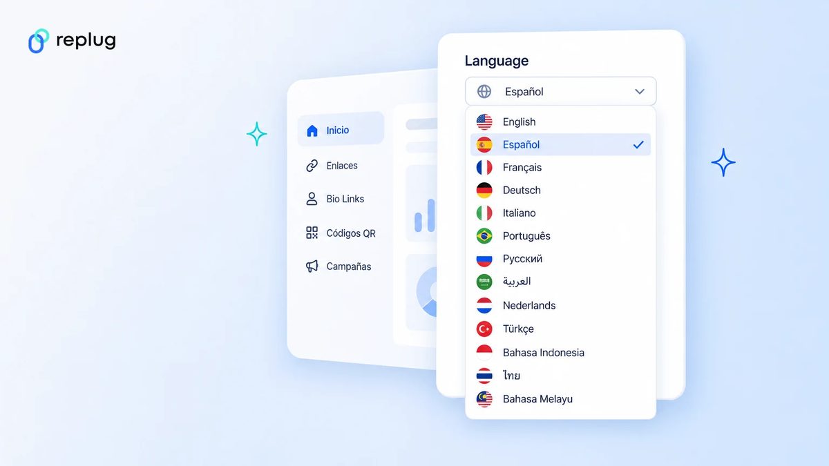 The language picker in Replug with 13 languages