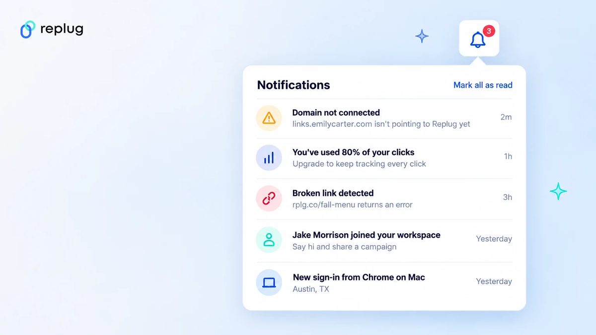 The notification center listing a disconnected domain, a usage warning and a broken link