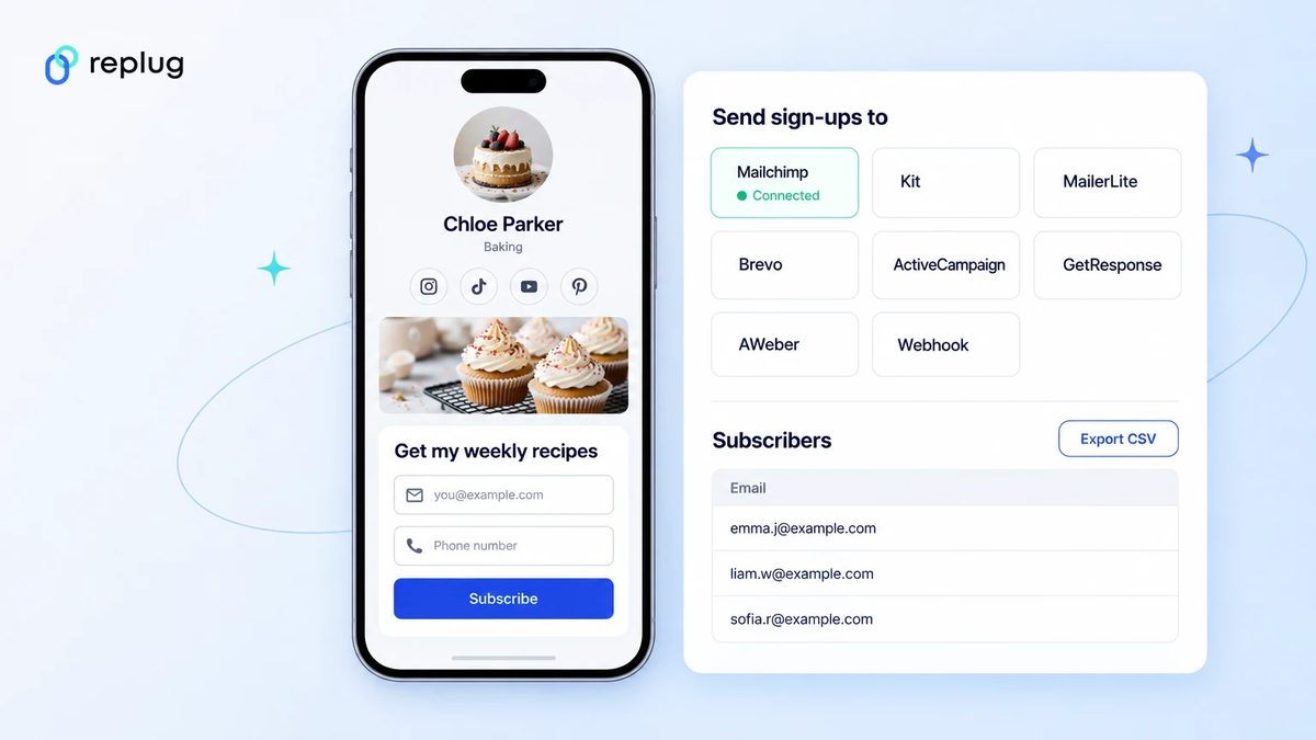 A Bio Link page with a Subscribe form, connected to Mailchimp, with a list of new subscribers